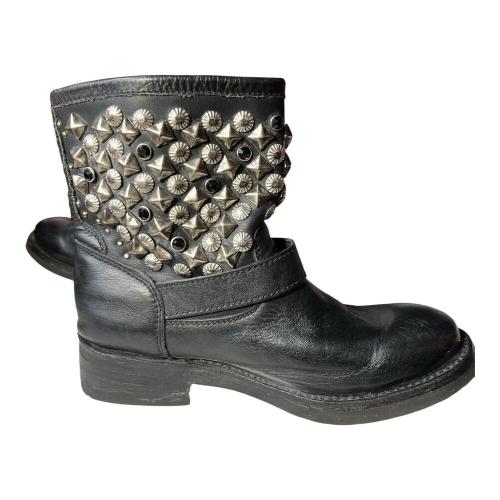 ASH Titan Womend Ankle Boots Black Leather Studded Buckle Biker Moto Size 8.5 - Picture 2 of 7
